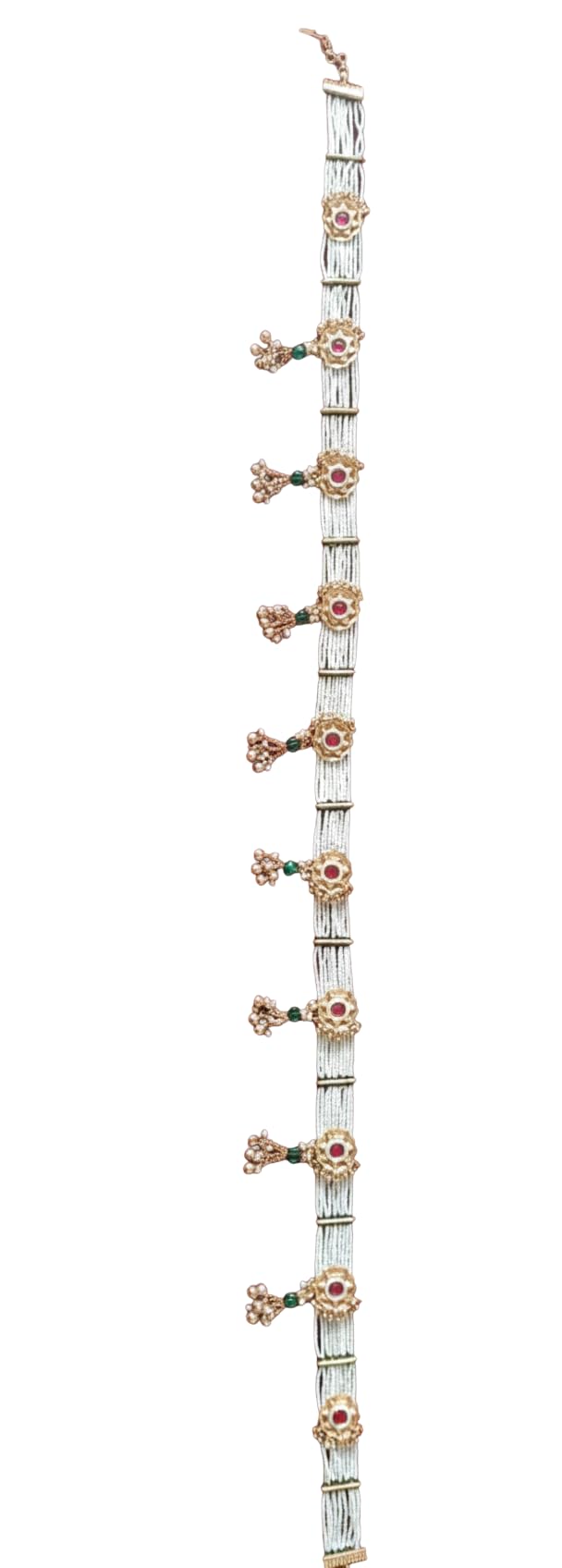 Traditional Gold Tone Pearl Kamarband for Women Multi Strand Moti Waist Belt with Kundan Style Floral Charms and Red Stone Accents Ethnic Bridal Waist Chain for Weddings and Festivals-image-24