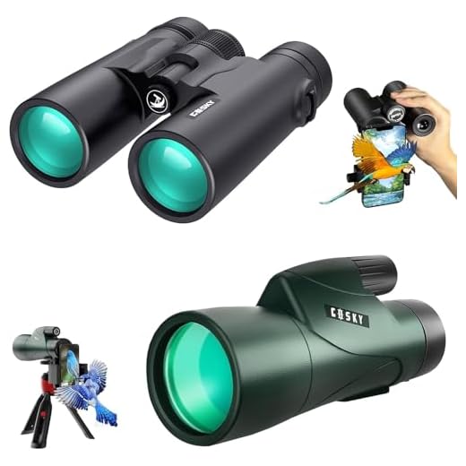 Gosky 10x42 HD Binoculars for Adults (1 Pack) and Gosky Piper 12x55 Monoculars (1 Pack) with Universal Phone Adapter - High Power Telescopes for Bird Watching Safari Wildlife Scenery