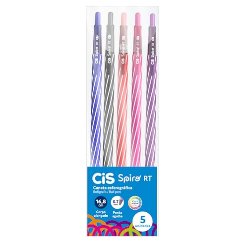 Caneta Esferográfica CIS Spiro RT 0.7mm – Estojo com 5 unidades (Azul, Preta, Vermelha, Rosa e Roxa) - Retrátil, Ponta Agulha, Escrita Suave
