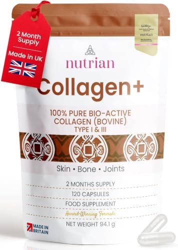 Nutrian Collagen+ | 1200mg Bio-Active Hydrolysed 100% Bovine Collagen Peptides | Grass-Fed Halal Certified Made in UK | Type I & III | Skin Hair Nails & Joint Support | 120 Capsules