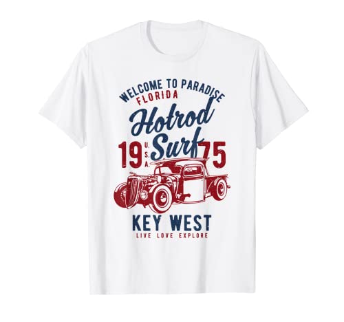 Key West Florida Retro Hotrod Surf Diseño envejecido Camiseta