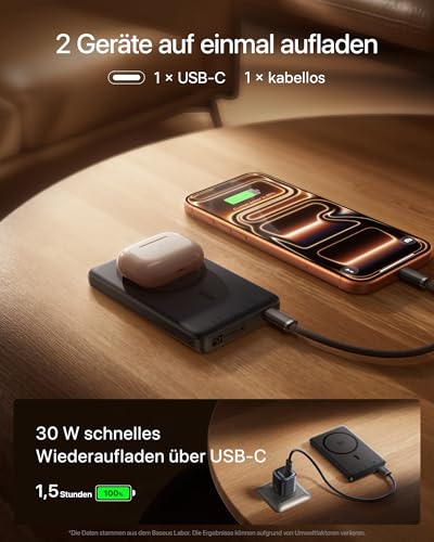 Baseus PicoGo AM52 Powerbank, Qi2.2 Magsafe Powerbank 10000mAh, ultraschnelles 25W kabelloses Laden, PD 45W Schnellladung, schlanker magnetischer externer Akku für iPhone 17/16 Pro Max, Schwarz 6