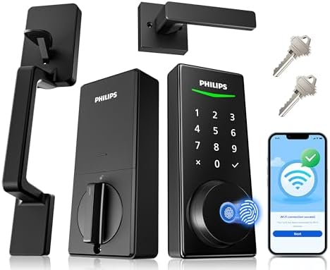Philips WiFi Smart Lock with Front Door Handle Set, Built-in WiFi, APP Remote & Voice Control, Fingerprint Keyless Entry Door Lock, Keypad Deadbolt Smart Locks for Front Door, Auto-Lock, Matte Black