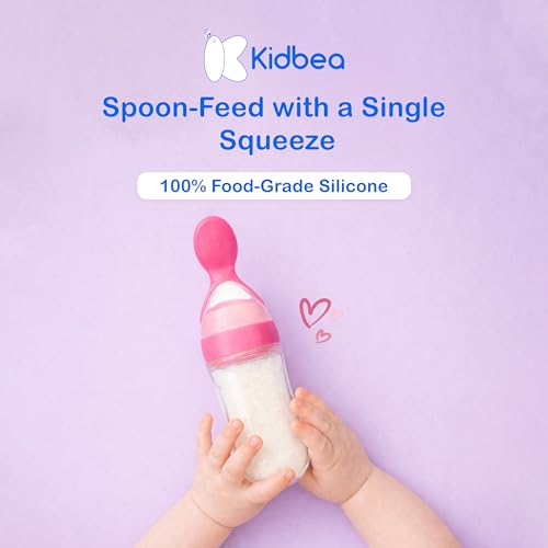 Image of Kidbea Silicone Baby Spoon Feeder Bottle 90ml | Squeeze Food Feeder for 3+ Months | BPA Free Baby Food Dispensing Spoon for Pure Cereal | Leak Proof Travel Feeding Bottle for Infants & Toddlers (Pink)