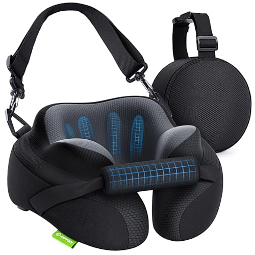AUVON Almohada de Viaje Cuello con Soporte de Barbilla y Correas para Asiento de Avión, Estabiliza la Cabeza para Dormir Cómodamente, Cojín Cuello Viaje de Espuma Viscoelástica Transpirable