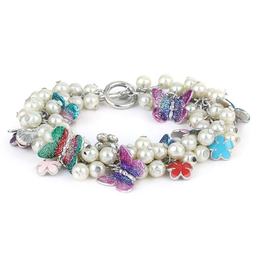 Estele Rhodium Plated Gardenia Enamel Flower Butterfly Pearl Charm Bracelet For Women (B08CSG4KX7) Amazon Price History, Amazon Price Tracker