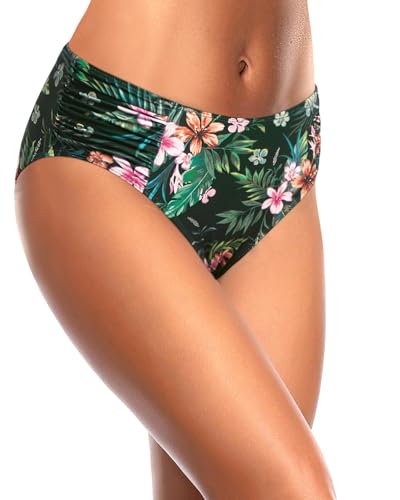 Image of Women Bikini Bottoms Mid Waist Bathing Suit Swimsuit Ruched Swim Bottom | Full Coverage, Full Lining, Shirred, Mid Rise, Tummy Control