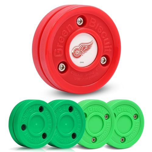 Green Biscuit 4-Pack Off Ice Hockey Pucks - 2 Original Passer and 2 Snipe New 2.0 Puck, Street Hockey Puck for Passing, Stickhandling and Shooting, Plus 1 NHL Puck-Official (Detroit Red Wings)