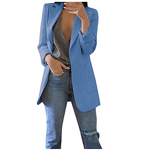 Honiser The Drop Store Clothing Women, Women Solid Open Front Pockets Cardigan Formal Suit Long Sleeve Blouse Coat Business Casual Women White Blazer Dress Oversized Blazers Fashion (3XL, Blue -11)