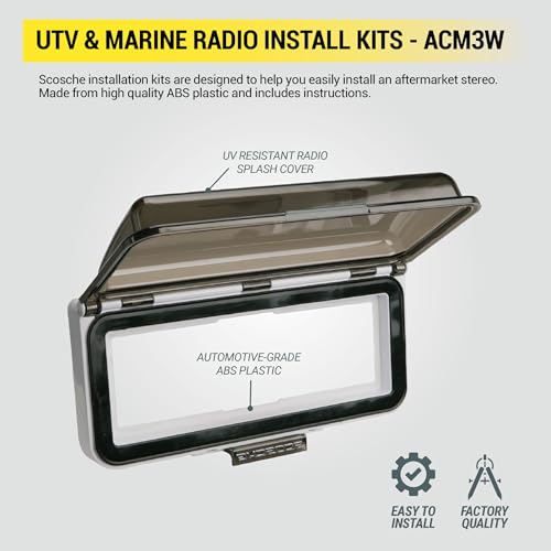 Image of Scosche ACM3W Universal Marine Radio Cover - Water Resistant Boat Dash Radio Protector Shield with One Touch Spring Loaded Flip-Up Door, Single DIN Marine Stereo Kit - Durable Boat Accessory - White