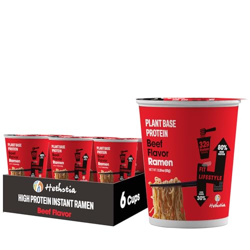 Image of Hethstia High-Protein(32g) Ramen Cup, 6-Pack Protein Noodles Spicy Beef Flavor - 32g Plant Protein, Veggie Friendly, Low Fat, Non-GMO, Non-Fried, Savory Healthy Noodle Beef Broth