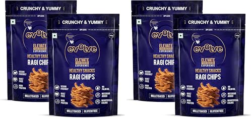 Image of Evolve Ragi Chips Healthy Snack for Adults | No Palm Oil, Gluten-Free & Preservative-Free, No Artificial Color or Sugar | Wholesome & Crunchy Snack | Millet Blend, Freshly Made - 100g Pack of 4