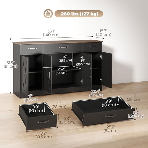 HOMCOM Sideboard Buffet Cabinet, 55" Farmhouse Kitchen Storage Cabinet with 4 Barn Doors, 3 Drawers, 3 Adjustable Shelves, Coffee Bar Station, TV Stand for TVs up to 60 Inch, Black — view 6