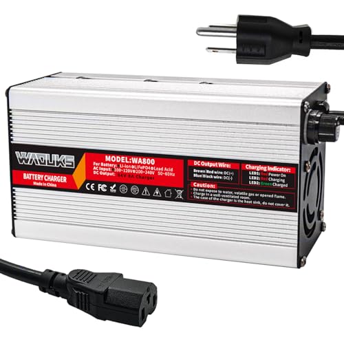 WAOUKS 84V 8A Li-ion Battery Smart Charger with Cooling Fan Silver Aluminum Case Used for 20S 72V Lithium Battery Charger DC Output C13 Connector