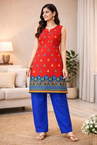 Image of Women's Cotton Blend Unstitched Kurti Set for Women | A-Line Style Dress Material | 2-Piece Traditional Ethnic Wear Suit Fabric