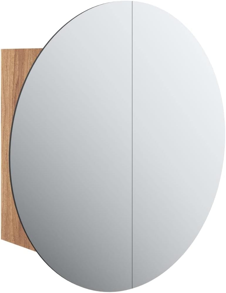 vidaXL Modern Bathroom Cabinet | Engineered Wood Wall-Mounted Design | LED Illuminated with USB Interface | Built-in Round Mirror | Ample Storage Space | Oak Finish