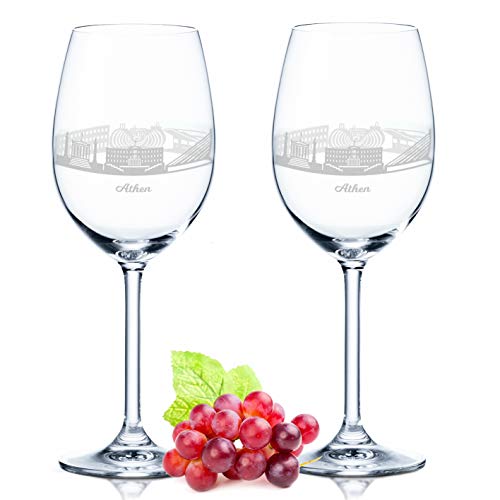GRAVURZEILE Leonardo Weingläser mit Gravur - Skyline Athen im Set - Hochwertige 360° Lasergravur - schönes Geschenk als Andenken, Souvenir oder für Sammler & Weingenießer zum Geburtstag