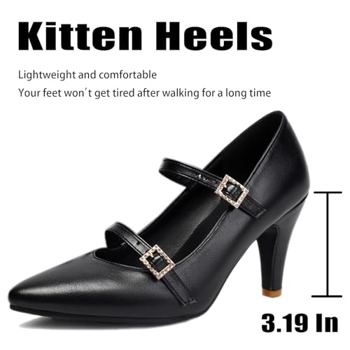 Women's Retro Leather Pointed Toe Stiletto Mary Jane Pumps Comfortable Anti-Slip Kitten Heels Pump Shoes with Double Buckle Rhinestones Strap for Party Prom Work Business Dress Shoes4