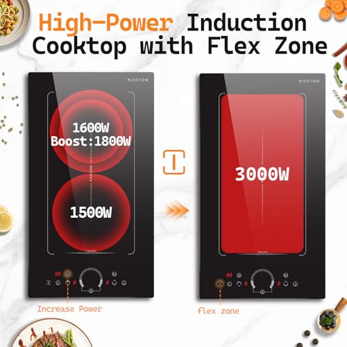 Image of Noxton Double Induction Cooktop, Upgraded Induction Stovetop with Flex Zone | 2 Burners Electric Cooktop, Power Boost, 9 Power Levels, 3500W, Child Lock, Timer, 220-240V Hard wire, No Plug, 12 Inch