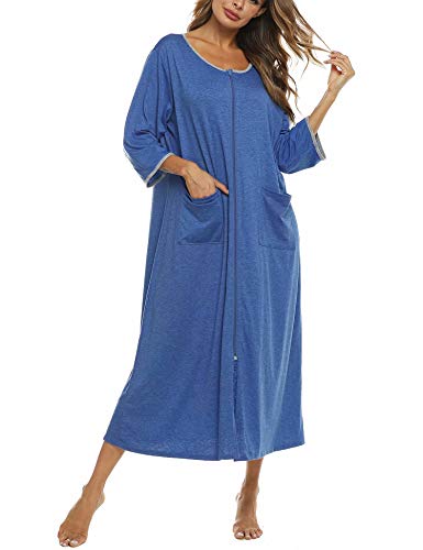 Image of Bloggerlove Zipper Front Robes for Women House Coat Half Sleeve Loungewear Long Nightgown with Pockets S-3XL