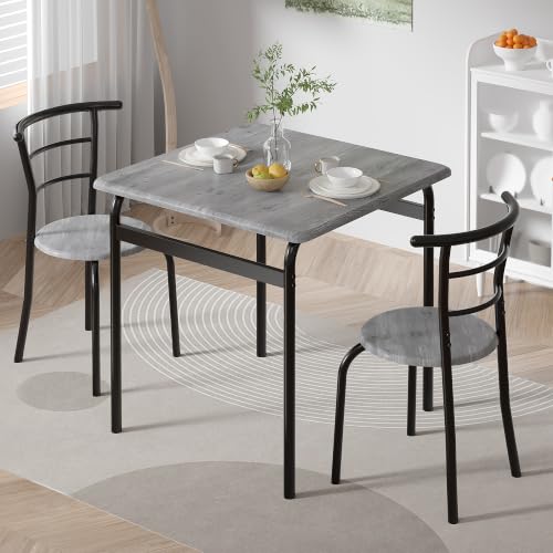 Image of VECELO 3-Piece Dining Table Set for Kitchen Breakfast Nook, Wood Grain Square Tabletop and Metal Frame, for Small Spaces, Grey
