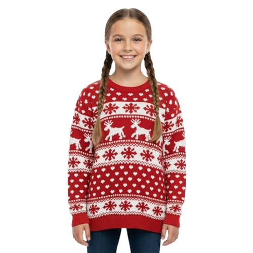 Image of Hamishkane® Christmas Jumpers for Kids, Snowflake Knitted Reindeer Jumper for Girls, Festive Long Sleeve Xmas Jumpers Boys, Crew Neck Unisex Novelty Knitwear Christmas Sweater Red Top 3-13 Years