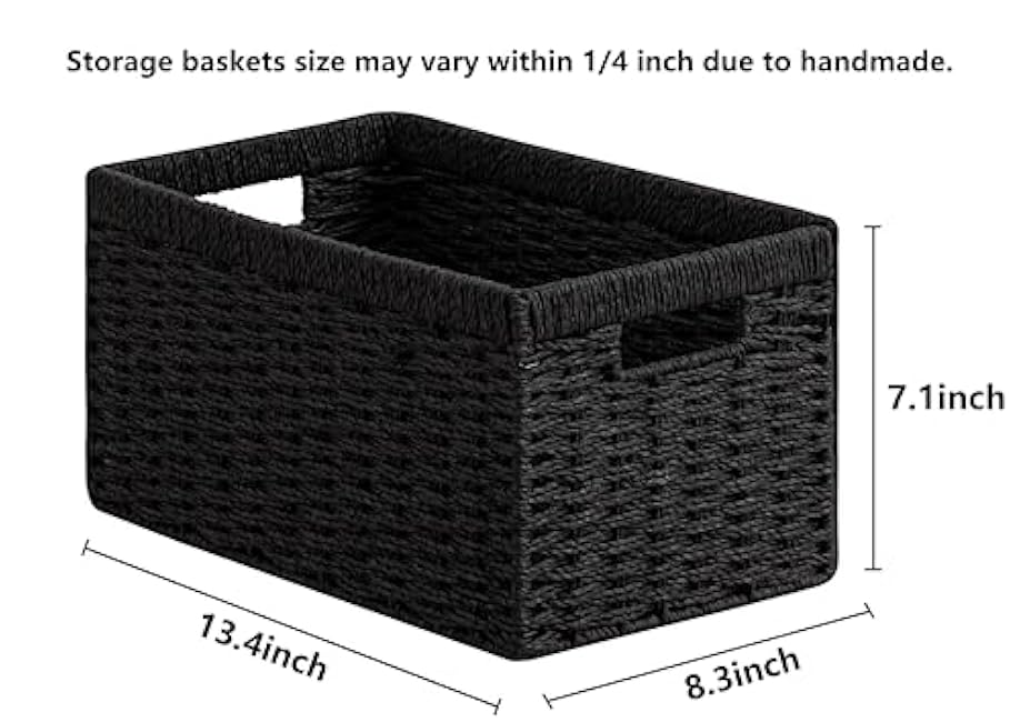 joybest Wicker Storage Baskets, Set of 2 Hand-Woven Paper Rope Wicker Baskets for Organizing, Foldable Rectangular Storage Organizer Bins for Shelves with Built-in Handles 13.4L x 8.3W x 7.1H Black
