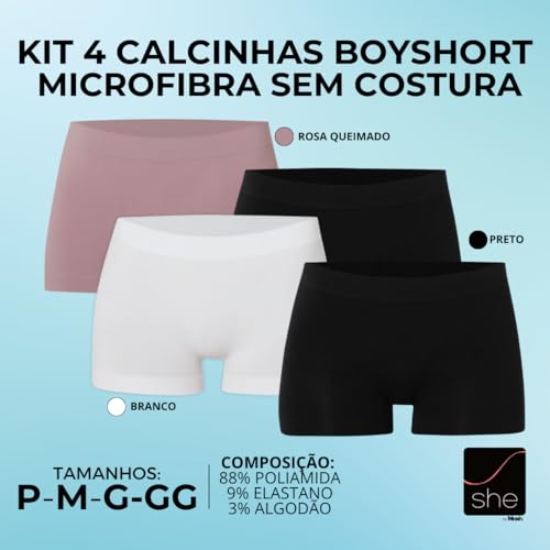 Kit 04 Calcinhas Boyshort Sem Costura Microfibra Feminina Adulto She | 2 Preto - 1 Branco - 1 Rosa Q