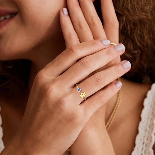 Memorial Gifts for Pet Lover Birthstone Rings for Women with Dog Paw Dainty Paw Printed Heart Rings for Teen Girl Dog Mom Gifts Adjustable Pet Paws Gold Ring for Women Non Tarnish Birthday Gift Gold Jewelry for Friend Sister Mom3