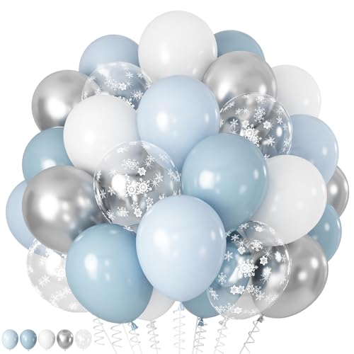 Froova Blue Winter Wonderland Balloons 60 PCS 12 Inch Dusty Light Baby Blue White and Silver Balloon Snowflake Balloons for Boy Baby Shower Winter Christmas Holiday Birthday Party Decorations