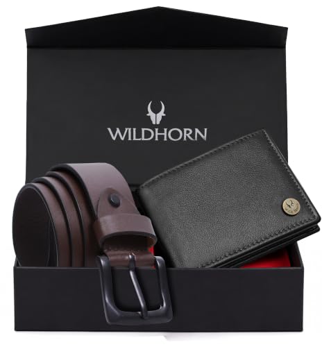 Image of WildHorn Gift Hamper for Men I RFID Protected Leather Wallet & Belt Combo Gift Set I Gift for Friend, Boyfriend,Husband,Father, Son Etc (Carob Brown & Black)