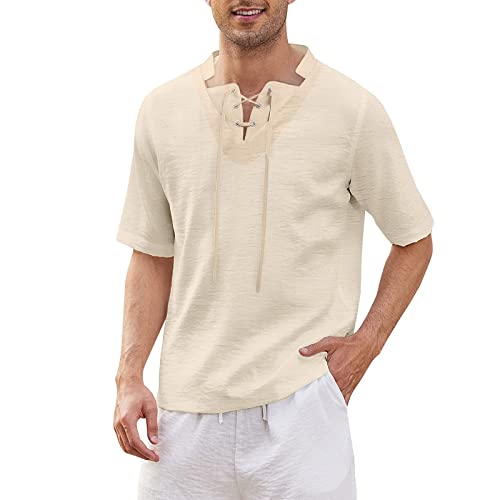 Chemise haute décontracté homme en coton et lin à manches courtes