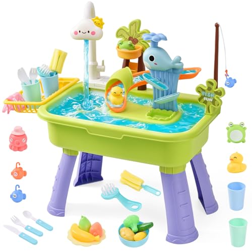 LTFIOON Table de Jeu 4-en-1 pour Enfants avec Pompe, Table d‘Eau avec Évier, Jeu de Pêche et Toboggan Aquatique, Table d’activité Sensorielle pour...