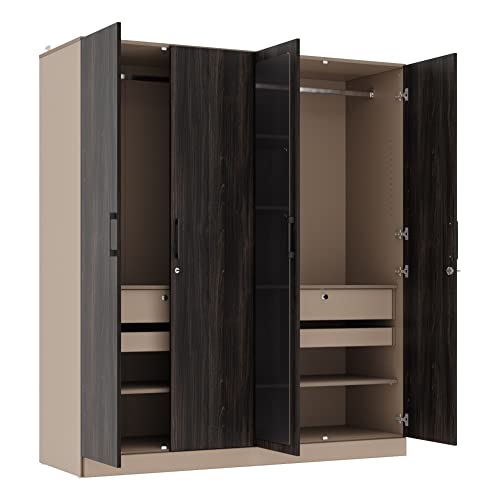 Image of Wakefit Wardrobe | 1 Year Warranty | Engineered Wood Almirah, Cupboard for Clothes Storage | 4 Door, Mirror, 4 Shelves, 2 Drawers, 2 Trays, 2 Hanging Space | Cashmere Plus - Frappe-Wyoming Maple