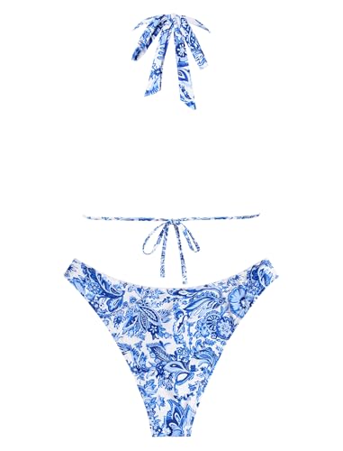 Image of ZAFUL Women Halter Dual Straps Whip Stitch Floral Triangle Bikini Swimsuits | Color Block Whip Stitches Trim, Halter Dual Shoulder Straps, Popular Floral Print, Cheeky Bikini Bottom, Tie Back