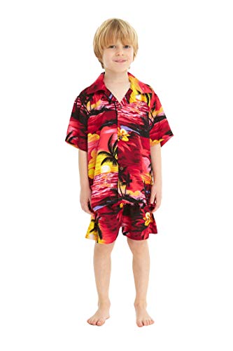 Image of Hawaii Hangover Family Matching Hawaiian Clothes, Sunset Red | Family matching Hawaiian outfits, Sunset Red, lightweight rayon, machine washable, tropical floral print, luaus, cruises
