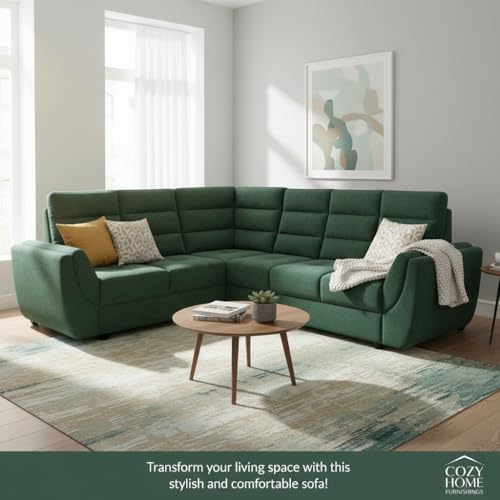 Image of APRODZ Wooden Sofa Set 6 Seater for Living Room, Solid Wood L Shape Sectional Sofa with Velvet Fabric Upholstery, Cushioned Seating for Home, Office & Lounge, Green