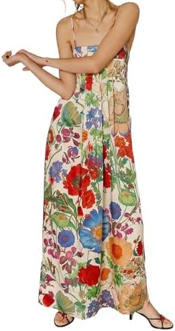 ABYOVRT Women Boho Floral Maxi Dress Backless Spaghetti Strap A-Line Flowy Summer Vacation Long Dress (Green,M)