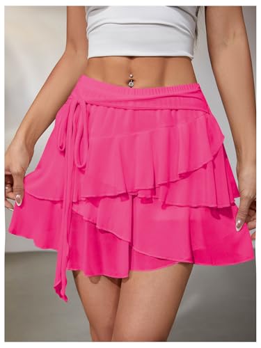 MakeMeChic Women's Y2K Sheer Mesh Mini Skirt Ruffle Hem Drop Waist Layered Tie Side Short Skirts3