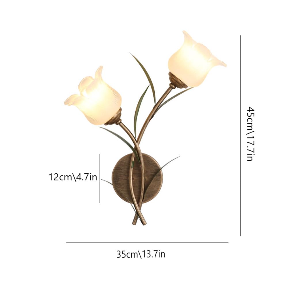 Applique da Parete e Applique a Forma di Fiore, Lampada a 2 luci con Paralume Floreale in Vetro Satinato, Lampada da Comodino, lampadario in Stile Rustico Antico per Camera da Lett