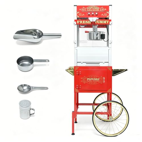 Image of Popcorn Machine with Cart, 20 Oz Kettle, Vintage Popcorn Maker with Storage Cabinet Scoop, Oil Spoon & 3-Switch Control, Movie Theater Style Popper for Commercial Home, Red