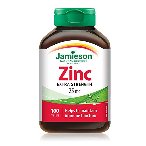 Jamieson Zinc 25 mg, Extra Strength, High Absorption, Supports Immune Health, Tissue Formation, and Healthy Skin. Vegetarian, Non-GMO, Gluten-Free, 100 Tablets, Proudly American