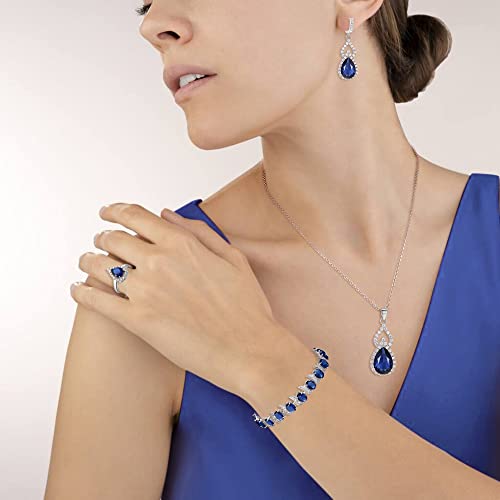 Mayfox Bridal Cubic Zirconia Open Ring Bracelet Necklace Dangle Earrings Set, Waterdrop Oval White Gold Plated Jewelry Gifts For Woman Girl Sapphire Blue_Silver Tone #TOP2