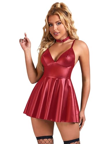 ohmydear Sexy Outfit für Damen Weihnachten Lederkleid Damen Sexy Leder Dessous Große Größen Reizwäsche Curvy Swingerclub Outfit PU-Leder...
