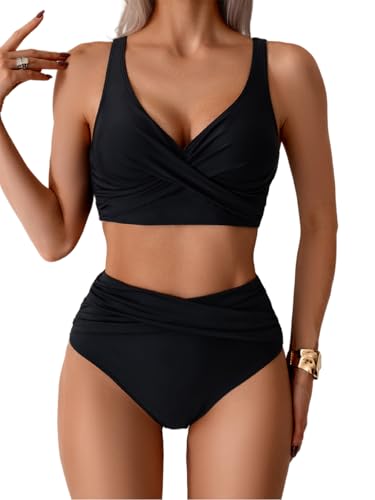 Tainehs Women's Two Piece Bikini Sets V Neck Push Up Swimsuit High Waisted Tummy Control Bathing Suit