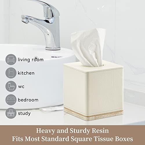Tissue Box Cover Square Resin Tissue Holder For Home Decor,Hand Carved Leather Tissue Box Holder,5 X 5 X 5.5 Inches, Beige #TOP6
