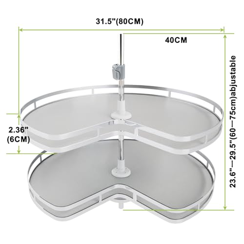 Blind Corner Cabinet Kidney Lazy Susan, Soft Close Rotary Cabinet Organizer 32inch, Corner Cabinet Lazy Susan for Blind Shelf, 2 Tiers Tray, Adjustable Height