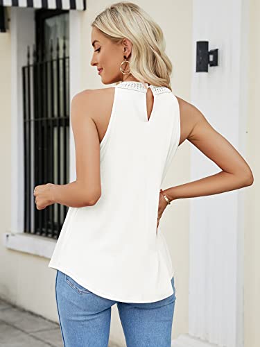 Faroro Women White Boho Lace Halter Neck Vest Tank Tops Casual Loose Fit Camisoles Blouse Sleeveless Hollow Out Shirts Summer Cami Tee For Beach #TOP1