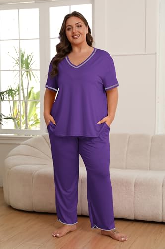 Image of Vozanet Women's Plus Size Pajama Sets Short Sleeve Long Pants Solid Color with Piping Trim Elegant Loungewear Cozy Sleepwear