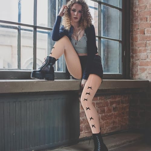 Image of Coume 6 Pairs Women's Bow Tights Lolita Fishnet Patterned Tights Y2k Kawaii Bowtie Fishnet Stockings Leggings Lace Mesh Hollow Stitched Socks Coquette Cute High Thigh for Christmas Women Gift